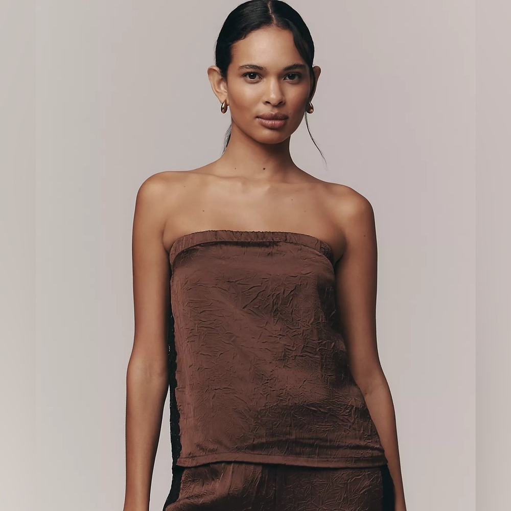 Anthropologie Chocolate Satin Strapless Top with Lace Detail - Picture 2 of 5